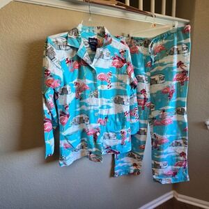 Nick & Nora Holiday Flamingo Retro Camper Flannel Pajama Set Blue Large L